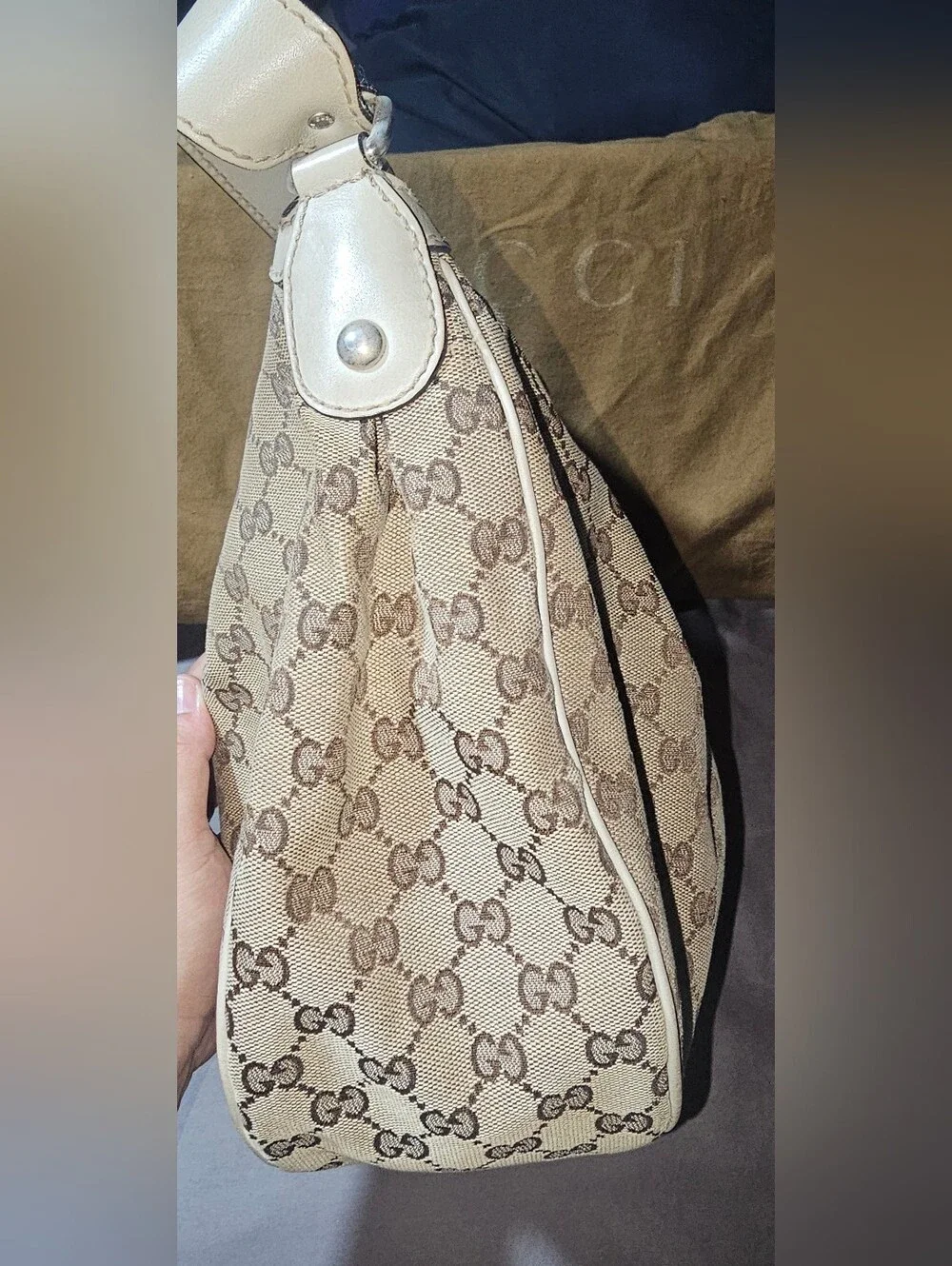 Authentic Gucci Beige Monogram Canvas Sukey Shoulder Bag with Ivory Trim Vintage